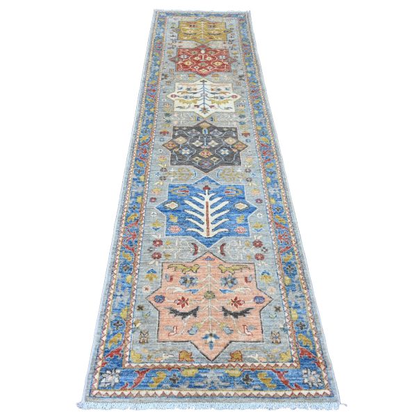 2'7"x10'1" Misty Gray, Aryana Grade, Afghan Peshawar with Caucasian Akstafa Design, High Mountain Wool, Hand Knotted, Runner, Oriental Rug HR89816