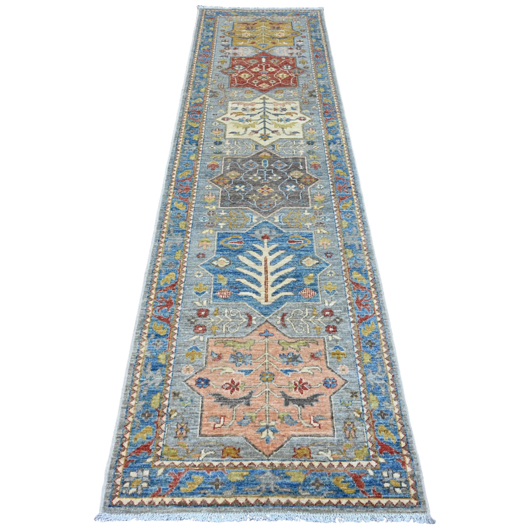 2'8"x10'2" Flint Gray, Aryana Collection, Afghan Peshawar with Caucasian Akstafa Design, Hand Knotted, High Mountain Wool, Runner, Oriental Rug HR89819