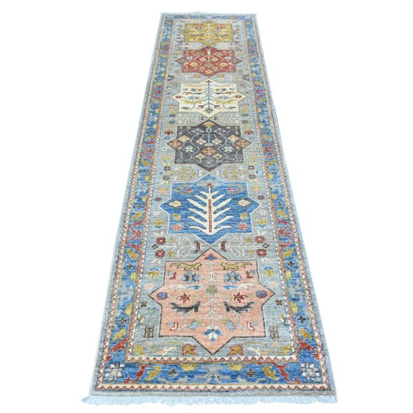 2'7'x10'2" Misty Gray, Aryana Collection, Afghan Peshawar with Caucasian Akstafa Design, High Mountain Wool, Hand Knotted, Runner, Oriental Rug HR89831
