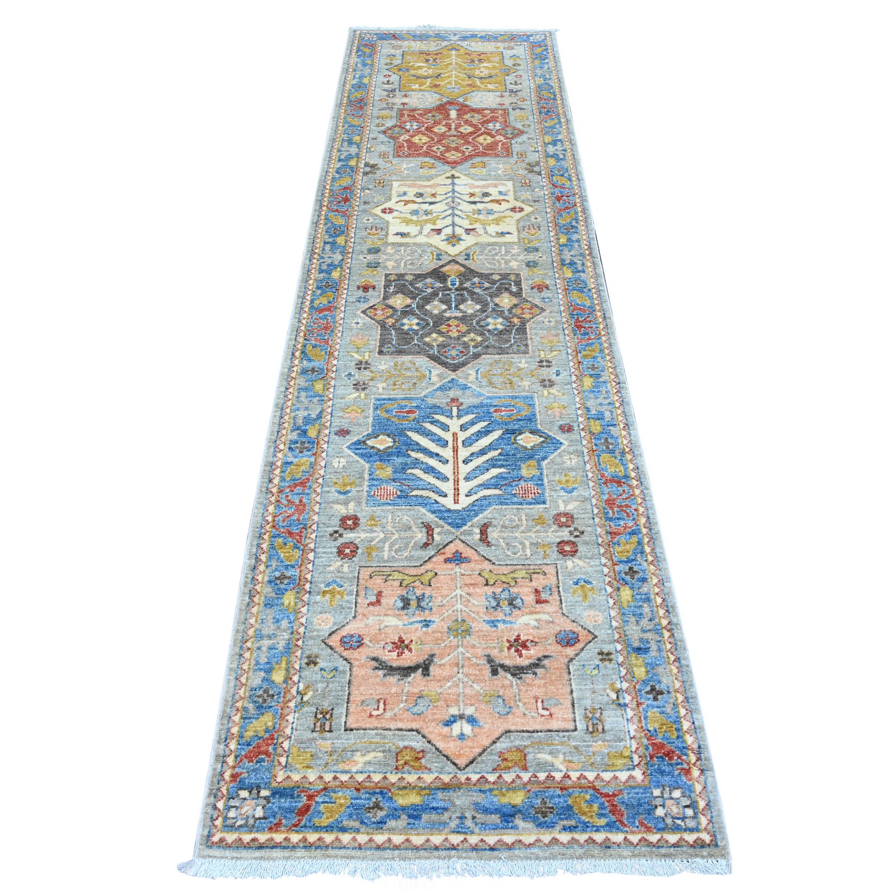 2'7'x10'2" Misty Gray, Aryana Collection, Afghan Peshawar with Caucasian Akstafa Design, High Mountain Wool, Hand Knotted, Runner, Oriental Rug HR89831
