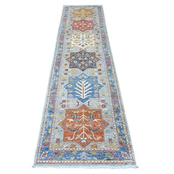 2'7"x10'2" Medium Gray, Aryana Collection, Afghan Peshawar with Caucasian Akstafa Design, High Mountain Wool, Hand Knotted, Runner, Oriental Rug HR89912