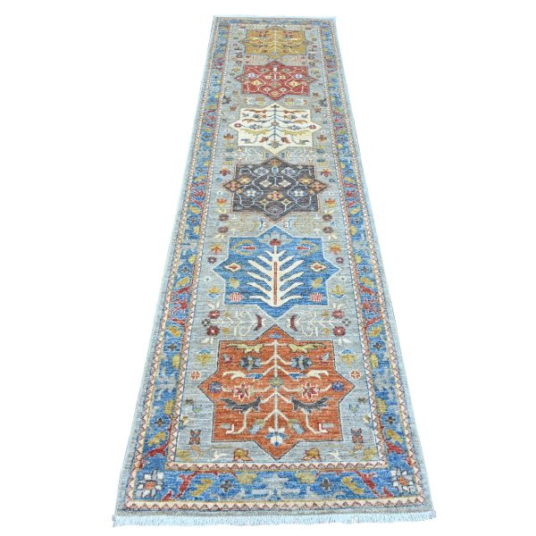 2'7"x10'2" Misty Gray, Aryana Grade, Afghan Peshawar with Caucasian Akstafa Design, Hand Knotted, High Mountain Wool, Runner, Oriental Rug HR89917