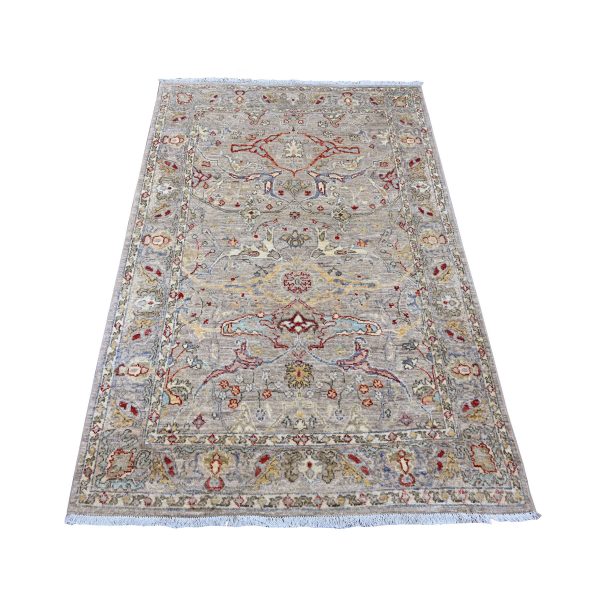 3'10"x5'9" Stone Gray, Hand Knotted, Peshawar with Bijar Garus Design, Aryana Collection, Vegetable Dyes, High Mountain Wool, Densely Woven, Oriental Rug HR89971