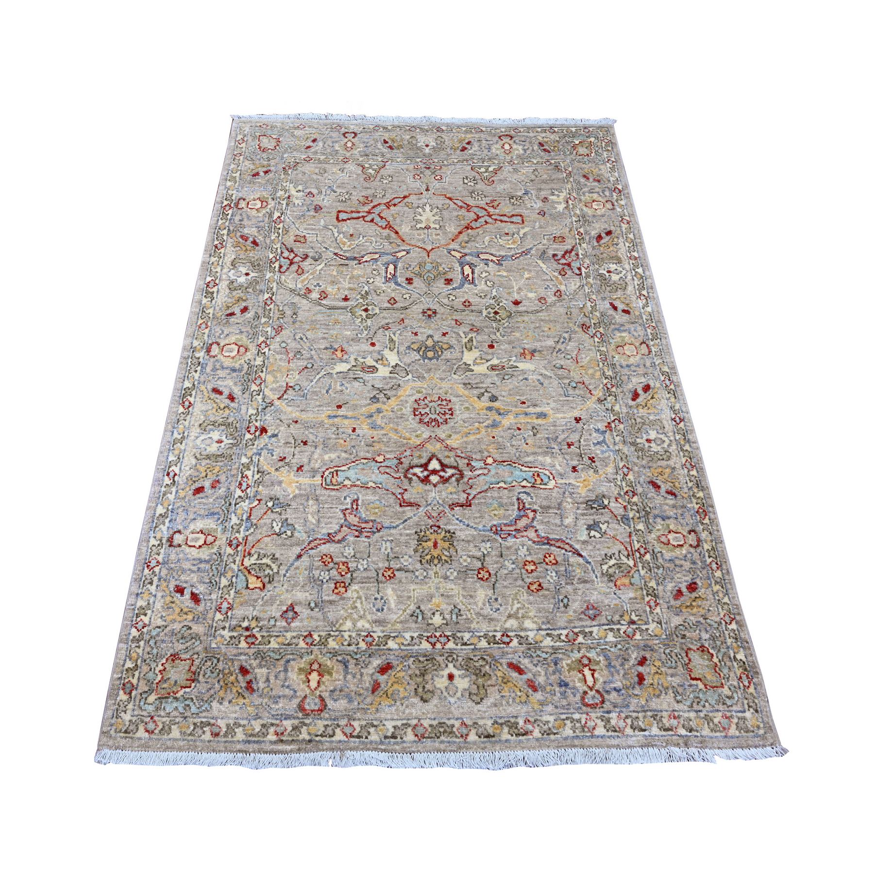 3'10"x5'9" Stone Gray, Hand Knotted, Peshawar with Bijar Garus Design, Aryana Collection, Vegetable Dyes, High Mountain Wool, Densely Woven, Oriental Rug HR89971