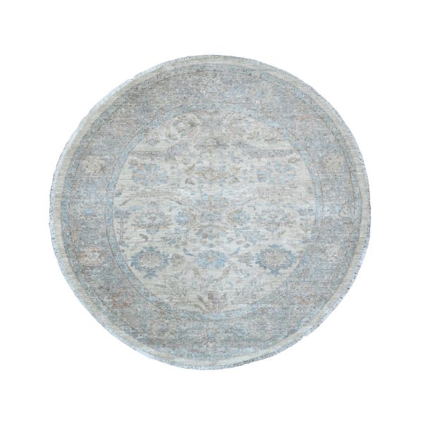 5'9"x5'9" Cascading White, Washed Out Peshawar with Heriz All Over Design, Densely Woven, High Mountain Wool, Hand Knotted, Round, Oriental Rug HR89996