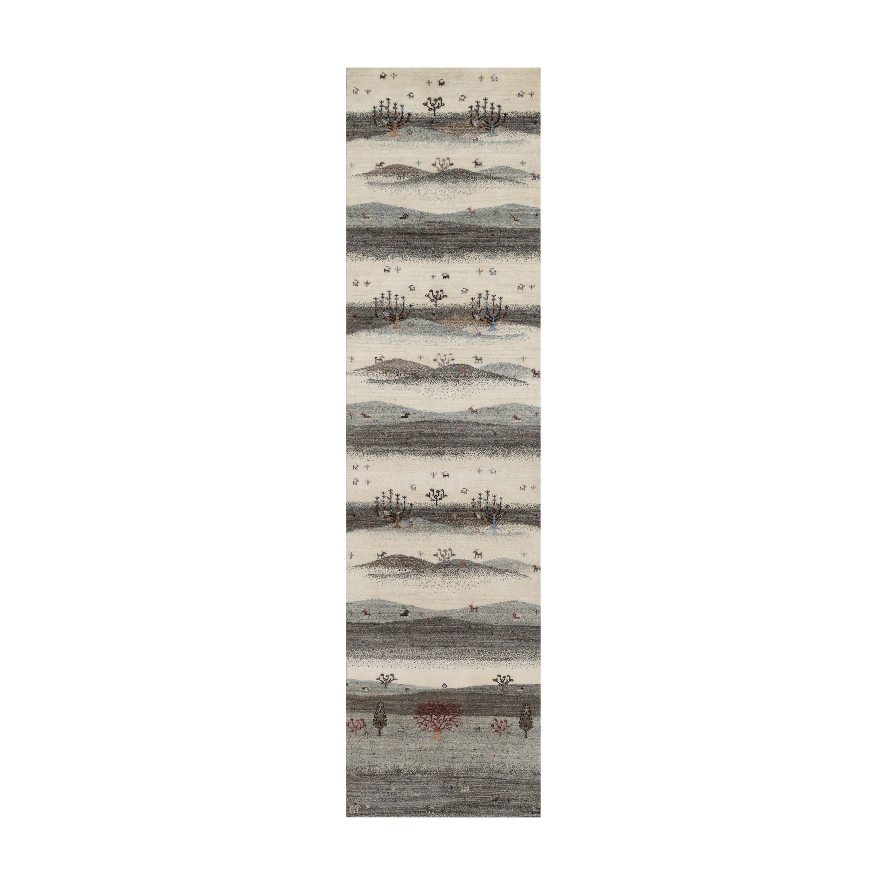 2'6"x9'10" Chiffon White, Modern, Lori Buft Gabbeh with Small Animal Figurines, Hills Design, Thick and Plush, 100% Wool, Hand Knotted, Runner, Oriental Rug HR91317