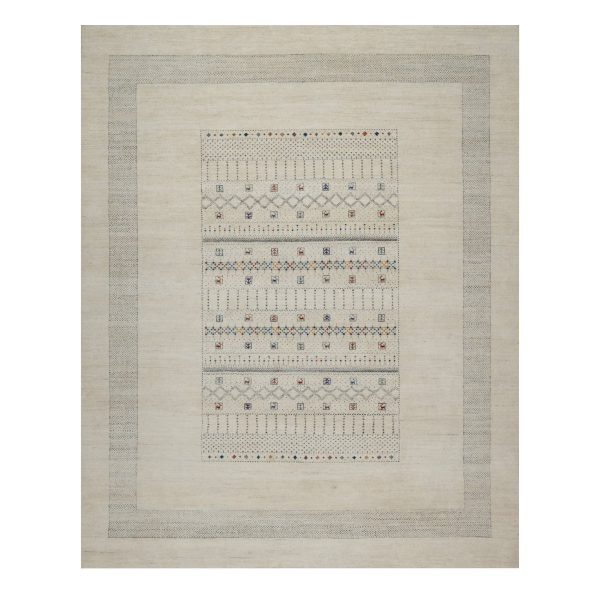 8'1"x10' Whisper White, Modern, Lori Buft Gabbeh with Small Animal Figurines, Soft Wool, Hand Knotted, Thick and Plush, Oriental Rug HR91342