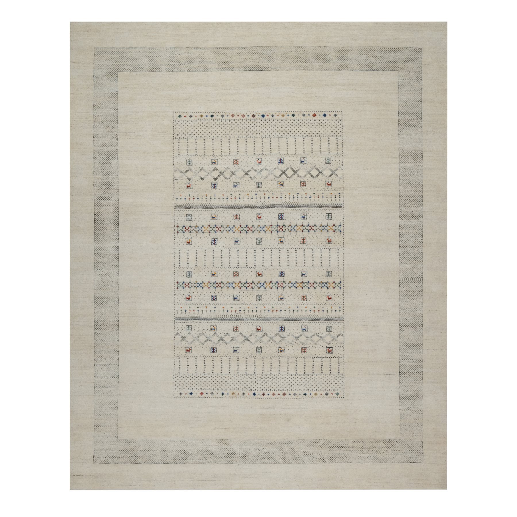 8'1"x10' Whisper White, Modern, Lori Buft Gabbeh with Small Animal Figurines, Soft Wool, Hand Knotted, Thick and Plush, Oriental Rug HR91342