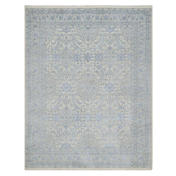 8'x10'2" Linen White, Light Tone on Tone with Persian Design, Wool and Plant Based Silk, Thick and Plush, 200 KPSI, Hand Knotted, Oriental Rug HR91352