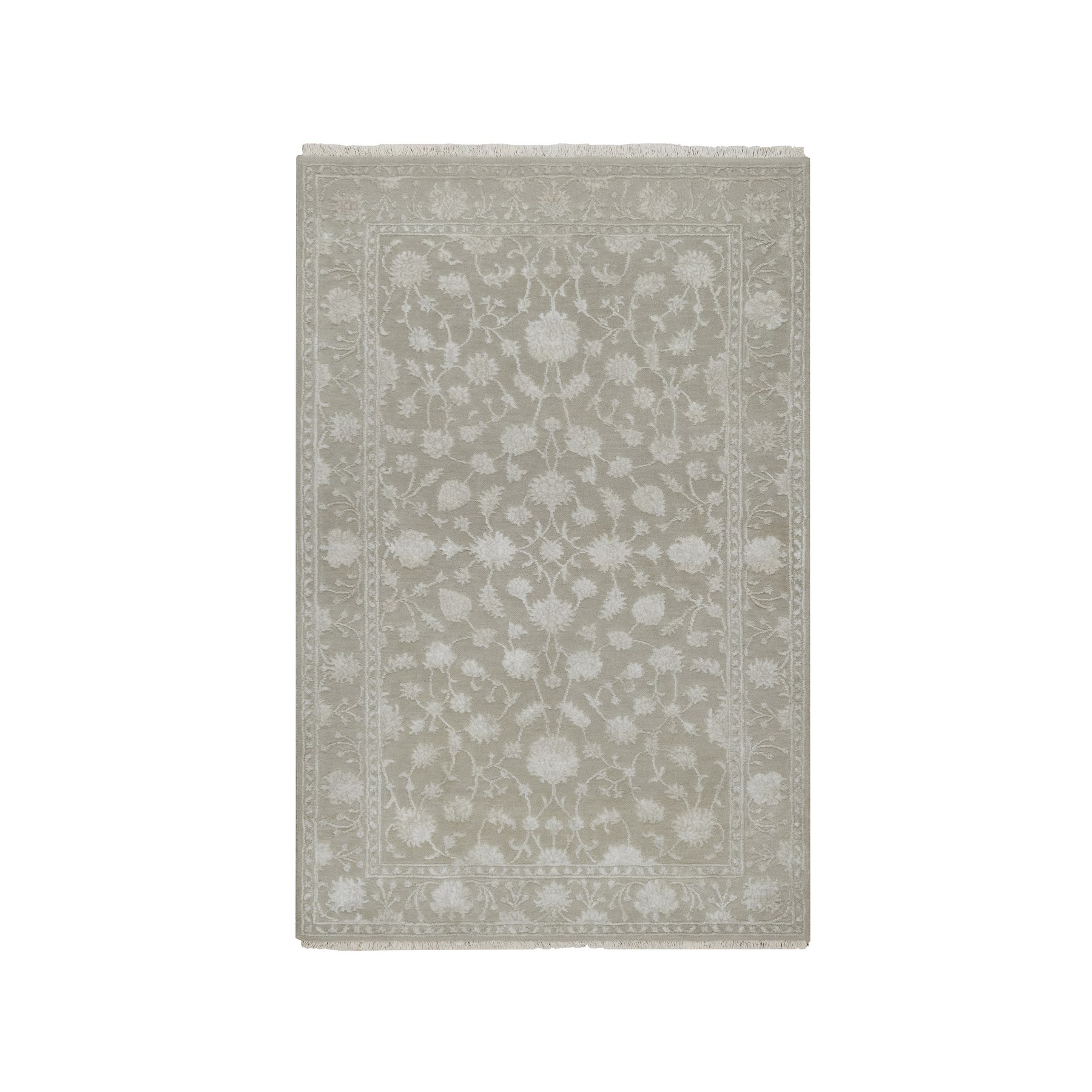 3'1"x5' Stone Gray, Hand Knotted, Light Tone on Tone with Persian Design, Wool and Plant Based Silk, Thick and Plush, 200 KPSI, Oriental Rug HR91354