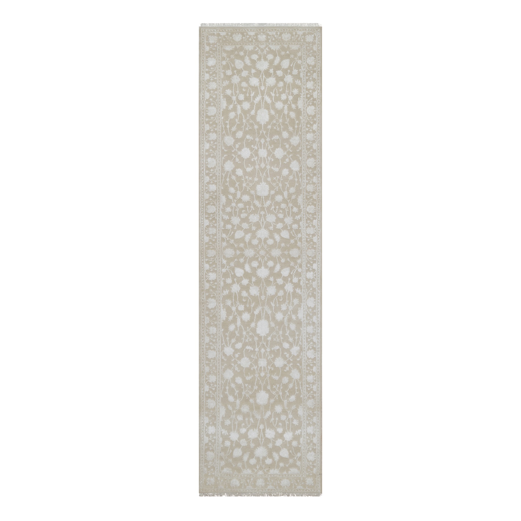 2'8"x10'3" Dark Vanilla Brown, Light Tone on Tone with Persian Design, Wool and Plant Based Silk, Thick and Plush, 200 KPSI, Hand Knotted, Runner, Oriental Rug HR91357