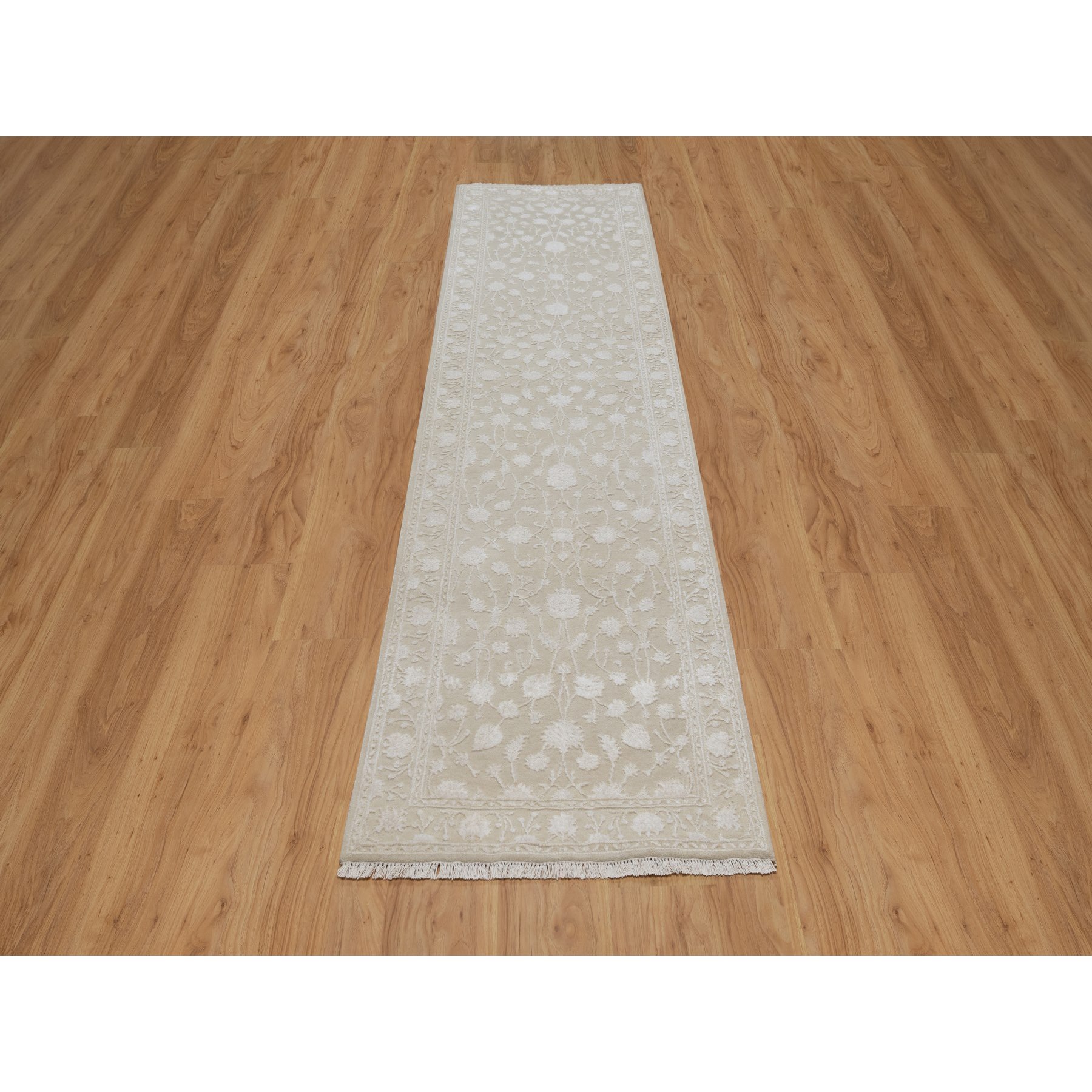 2'8"x10'3" Dark Vanilla Brown, Light Tone on Tone with Persian Design, Wool and Plant Based Silk, Thick and Plush, 200 KPSI, Hand Knotted, Runner, Oriental Rug HR91357 - Image 2