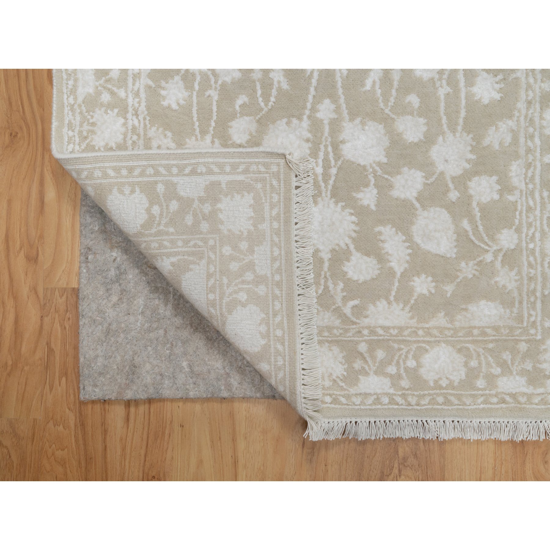 2'8"x10'3" Dark Vanilla Brown, Light Tone on Tone with Persian Design, Wool and Plant Based Silk, Thick and Plush, 200 KPSI, Hand Knotted, Runner, Oriental Rug HR91357 - Image 3