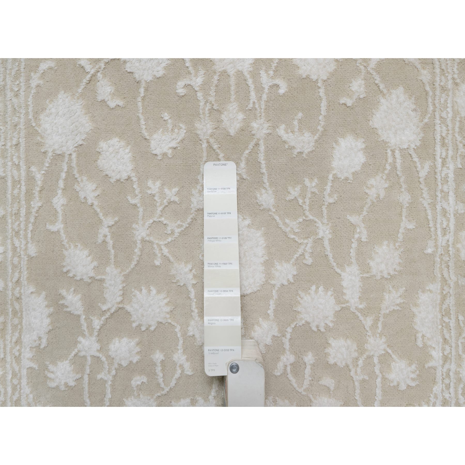 2'8"x10'3" Dark Vanilla Brown, Light Tone on Tone with Persian Design, Wool and Plant Based Silk, Thick and Plush, 200 KPSI, Hand Knotted, Runner, Oriental Rug HR91357 - Image 4
