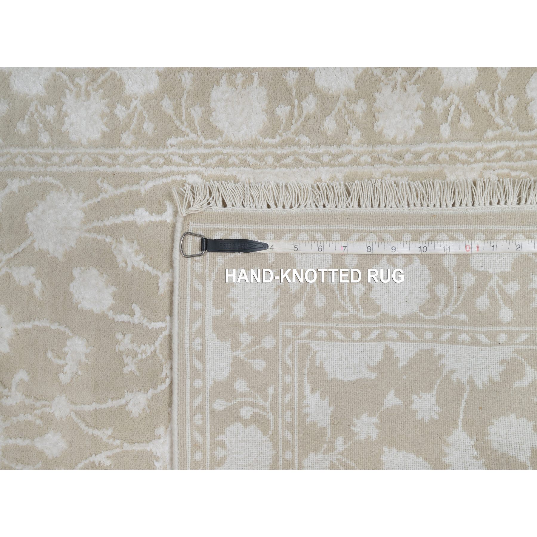 2'8"x10'3" Dark Vanilla Brown, Light Tone on Tone with Persian Design, Wool and Plant Based Silk, Thick and Plush, 200 KPSI, Hand Knotted, Runner, Oriental Rug HR91357 - Image 8