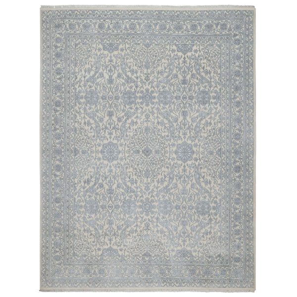 7'9"x10'2" Chiffon White, Light Tone on Tone with Persian Design, Wool and Plant Based Silk, Thick and Plush, 200 KPSI, Hand Knotted, Oriental Rug HR91366