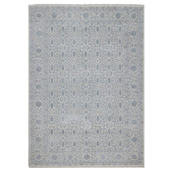 8'8"x12'1" Chiffon White, Persian Design with Repetitive Floral Motifs, Light Tone on Tone, Wool and Plant Based Silk, Thick and Plush, 200 KPSI, Hand Knotted, Oriental Rug HR91367