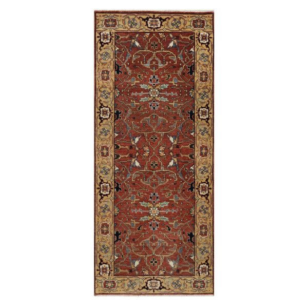 2'6"x6'1" Auburn Red, Antiqued Fine Heriz Re-Creation, Hand Knotted, All Over Pattern, 100% Wool, Vegetable Dyes and Denser Weave, Lush and Plush, Soft Pile, Runner, Oriental Rug HR91374