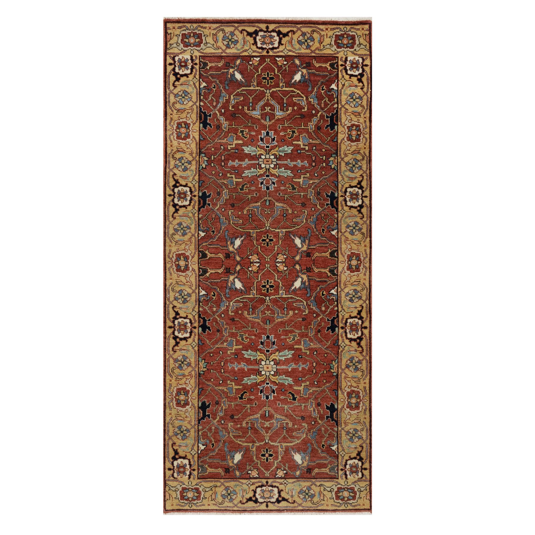 2'6"x6'1" Auburn Red, Antiqued Fine Heriz Re-Creation, Hand Knotted, All Over Pattern, 100% Wool, Vegetable Dyes and Denser Weave, Lush and Plush, Soft Pile, Runner, Oriental Rug HR91374