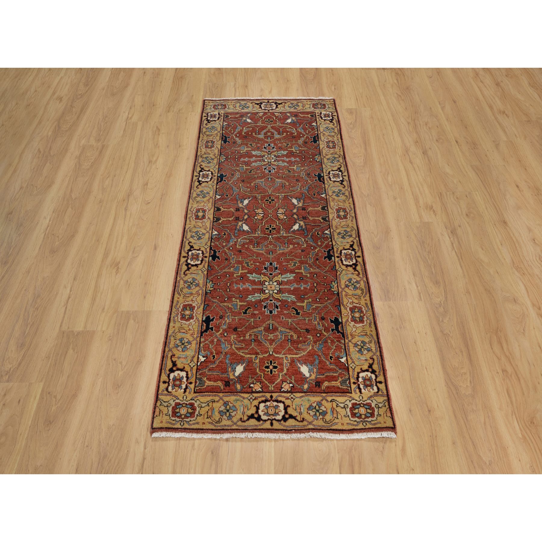 2'6"x6'1" Auburn Red, Antiqued Fine Heriz Re-Creation, Hand Knotted, All Over Pattern, 100% Wool, Vegetable Dyes and Denser Weave, Lush and Plush, Soft Pile, Runner, Oriental Rug HR91374 - Image 2