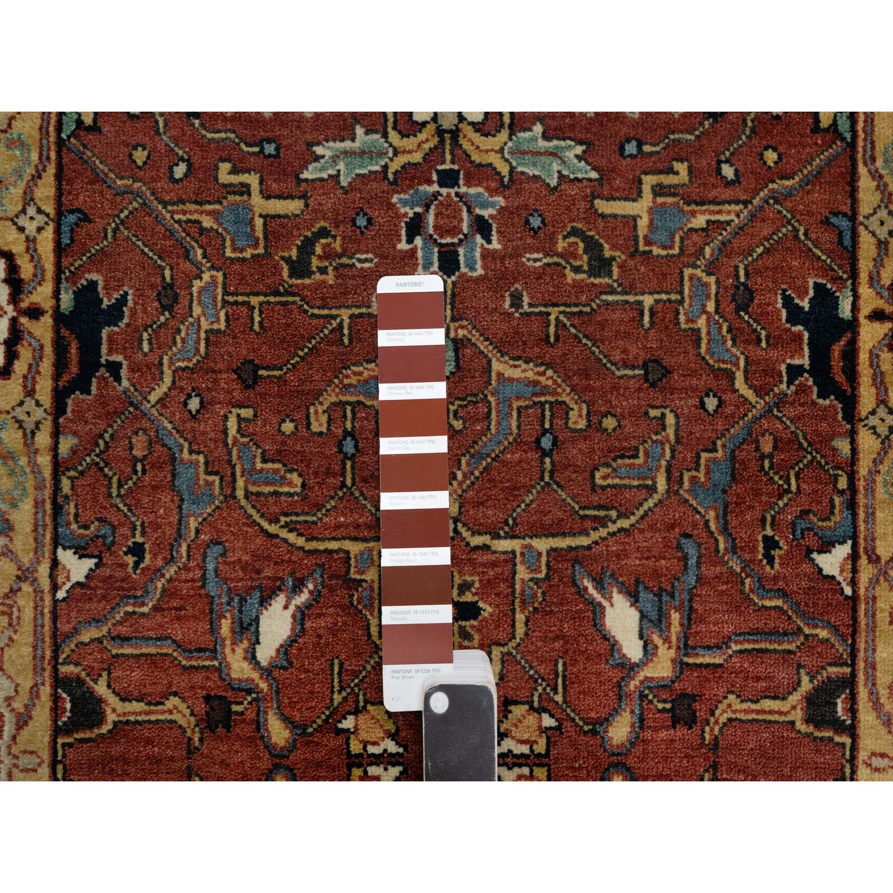 2'6"x6'1" Auburn Red, Antiqued Fine Heriz Re-Creation, Hand Knotted, All Over Pattern, 100% Wool, Vegetable Dyes and Denser Weave, Lush and Plush, Soft Pile, Runner, Oriental Rug HR91374 - Image 4