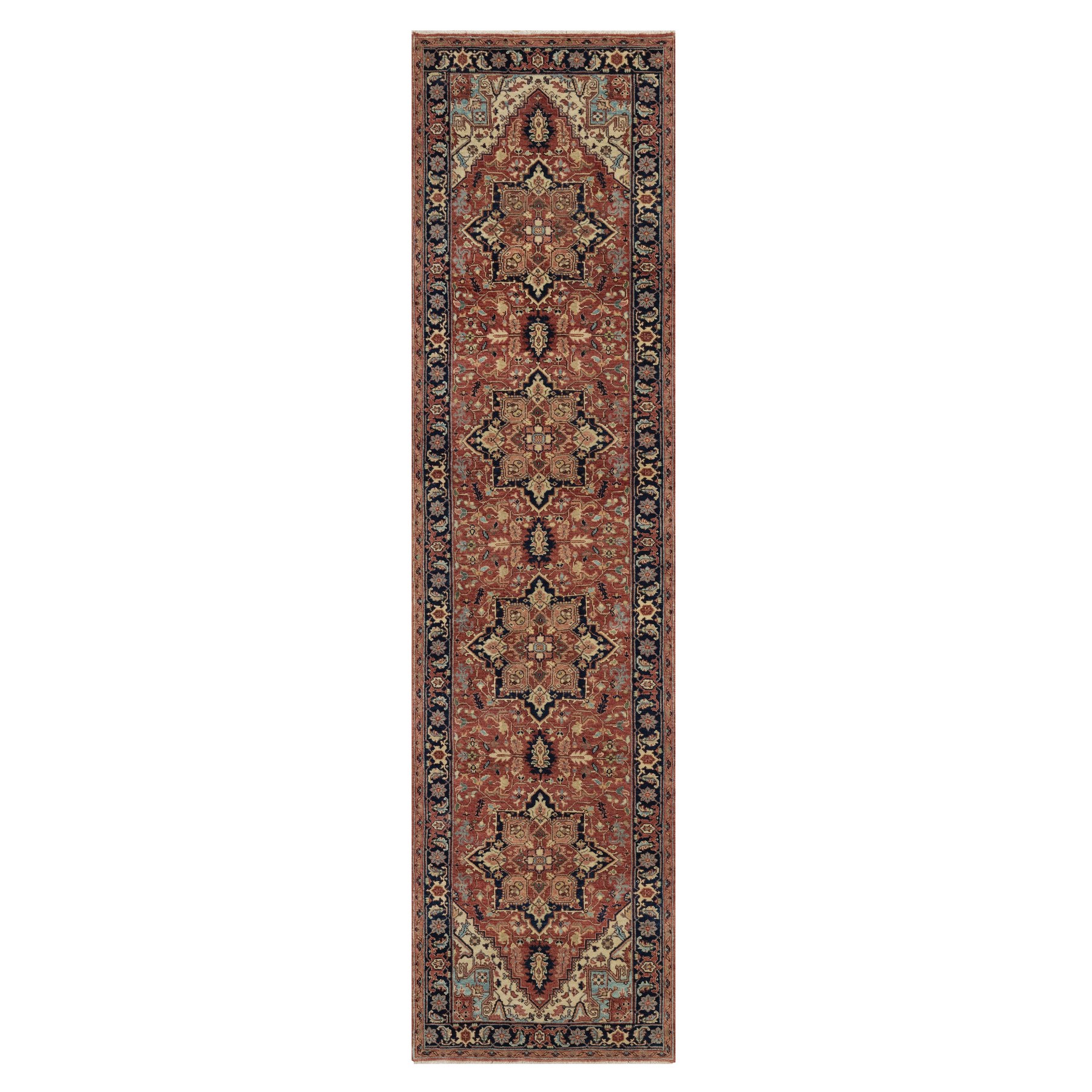 2'7"x10'2" Auburn Red, Antiqued Fine Heriz Re-Creation with Star Medallion Design, Hand Knotted, Hand Spun New Zealand Wool, Soft and Plush, Runner, Oriental Rug HR91383