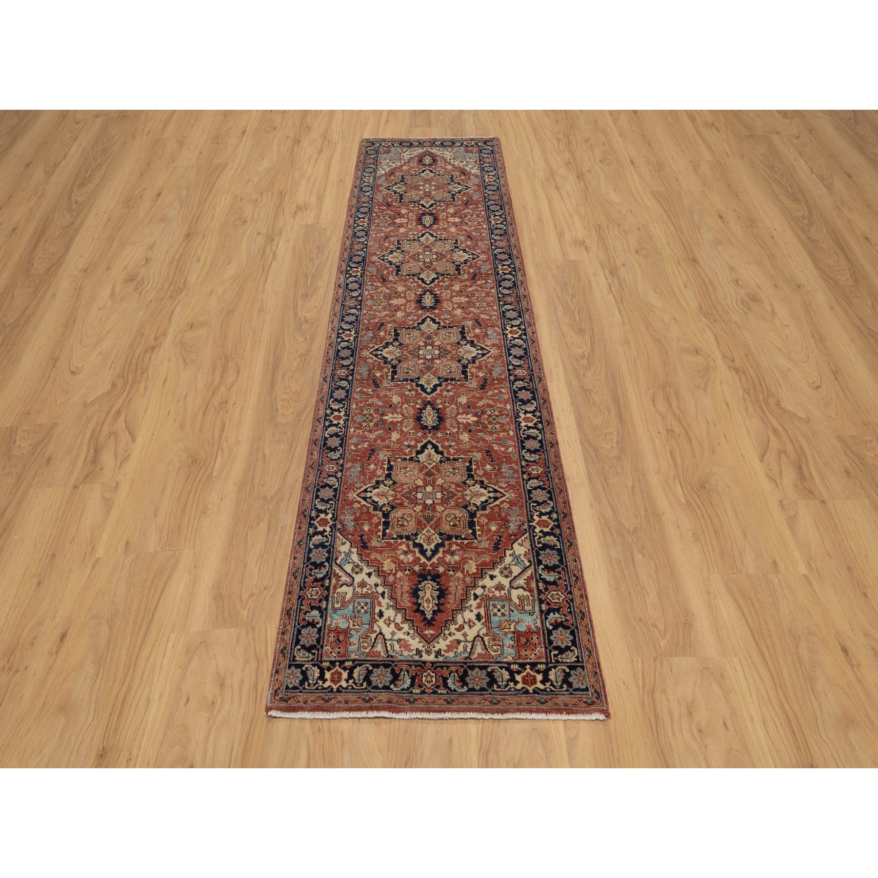 2'7"x10'2" Auburn Red, Antiqued Fine Heriz Re-Creation with Star Medallion Design, Hand Knotted, Hand Spun New Zealand Wool, Soft and Plush, Runner, Oriental Rug HR91383 - Image 2