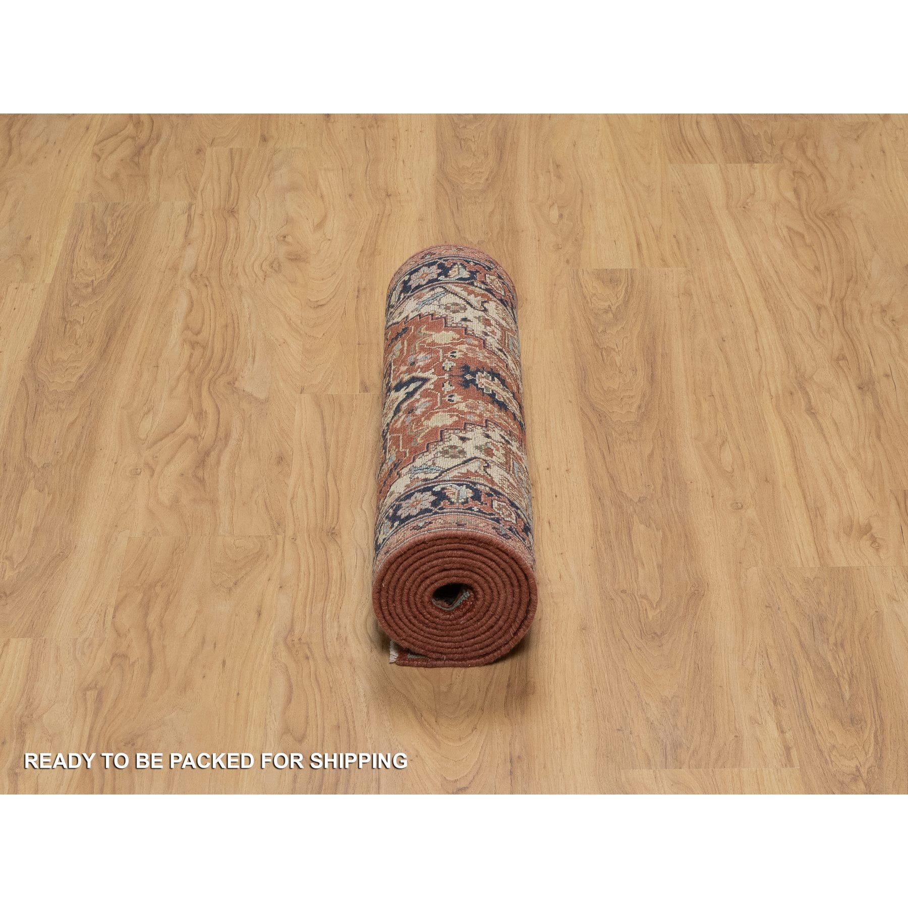 2'7"x10'2" Auburn Red, Antiqued Fine Heriz Re-Creation with Star Medallion Design, Hand Knotted, Hand Spun New Zealand Wool, Soft and Plush, Runner, Oriental Rug HR91383 - Image 6