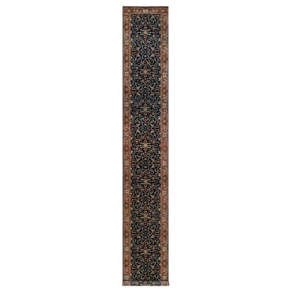 2'7"x18'1" Oxford Blue, Antiqued Fine Heriz Re-Creation with All Over Vines Design, 100% Wool, Hand Knotted, Soft Pile, Vegetable Dyes, XL Runner, Oriental Rug HR91390