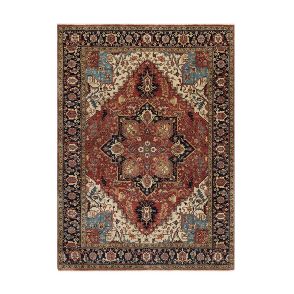 5'2"x7'2" Brick Red, Antiqued Fine Heriz Re-Creation with Star Medallion Design, Hand Spun New Zealand Wool, Hand Knotted, Soft and Plush, Oriental Rug HR91393