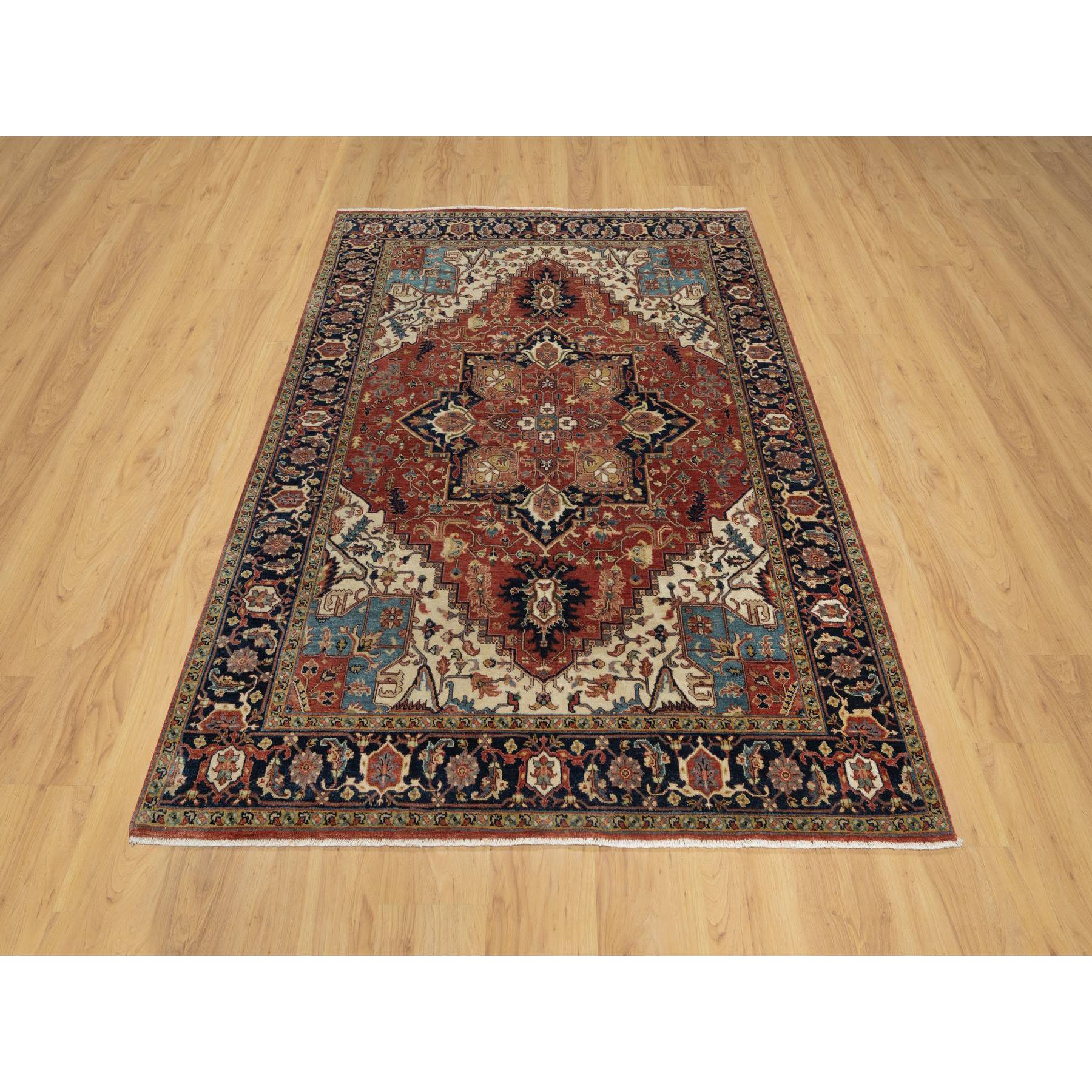 5'2"x7'2" Brick Red, Antiqued Fine Heriz Re-Creation with Star Medallion Design, Hand Spun New Zealand Wool, Hand Knotted, Soft and Plush, Oriental Rug HR91393 - Image 2