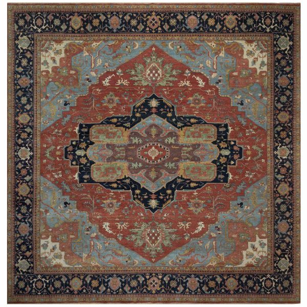 16'2"x16'2" Auburn Red, Antiqued Fine Heriz Re-Creation, Hand Knotted, Soft 100% Wool, Denser Weave, Vegetable Dyes, Lush and Plush, Square, Oriental Rug HR91404