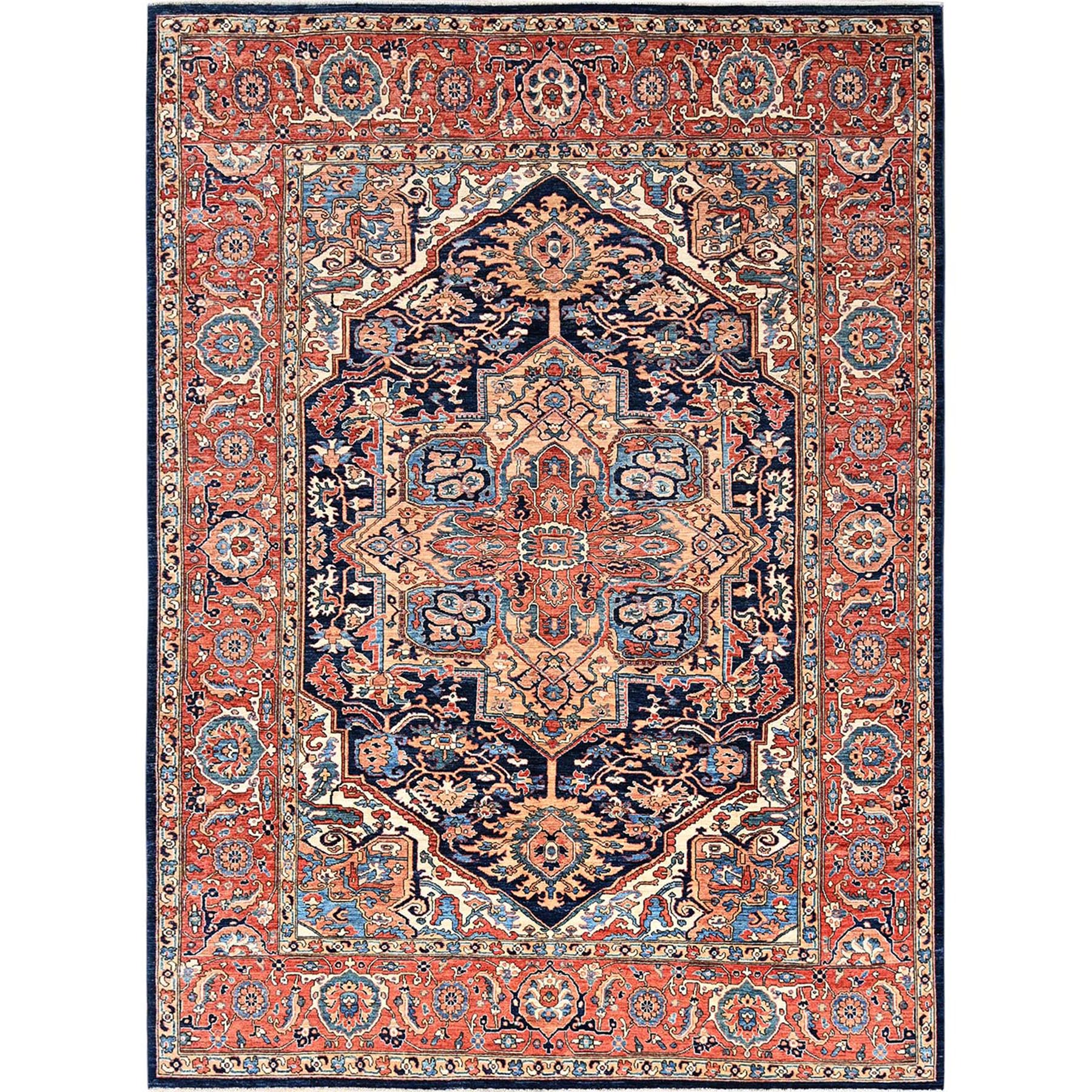 9'x12'1" Yale Blue, Aryana Grade, Serapi Heriz with Large Medallion Design, Vegetable Dyes, Soft Pile, Hand Knotted, High Mountain Wool, Densely Woven, Oriental Rug HR1042