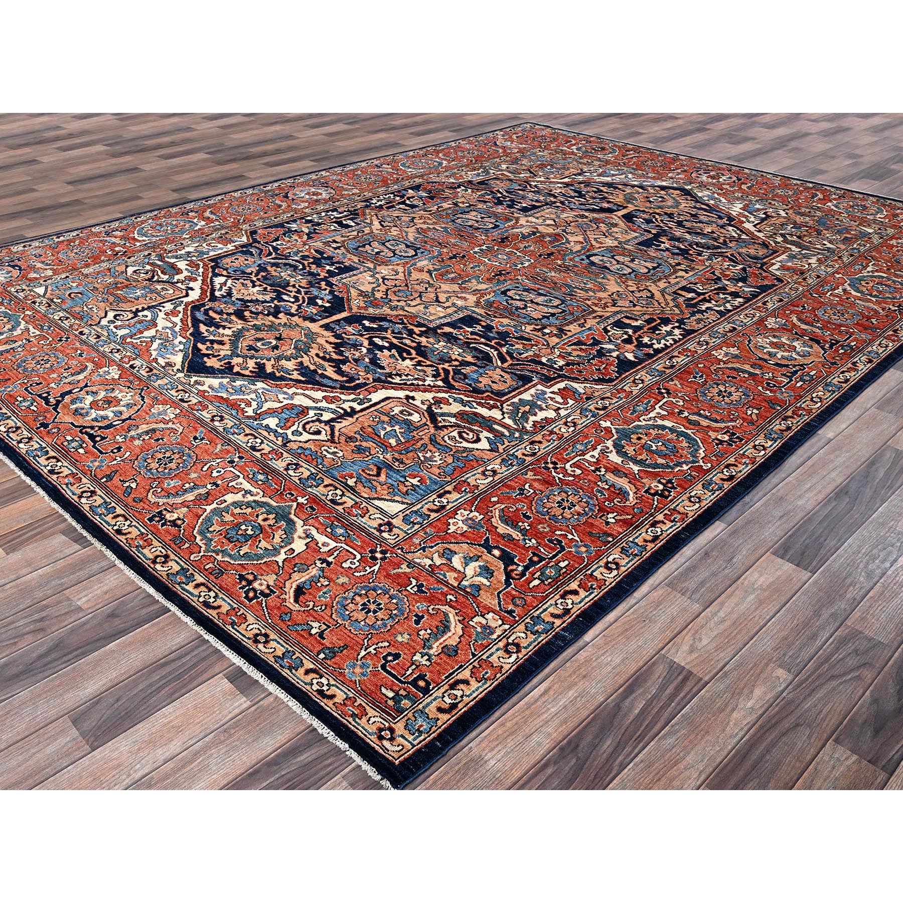 9'x12'1" Yale Blue, Aryana Grade, Serapi Heriz with Large Medallion Design, Vegetable Dyes, Soft Pile, Hand Knotted, High Mountain Wool, Densely Woven, Oriental Rug HR1042 - Image 4