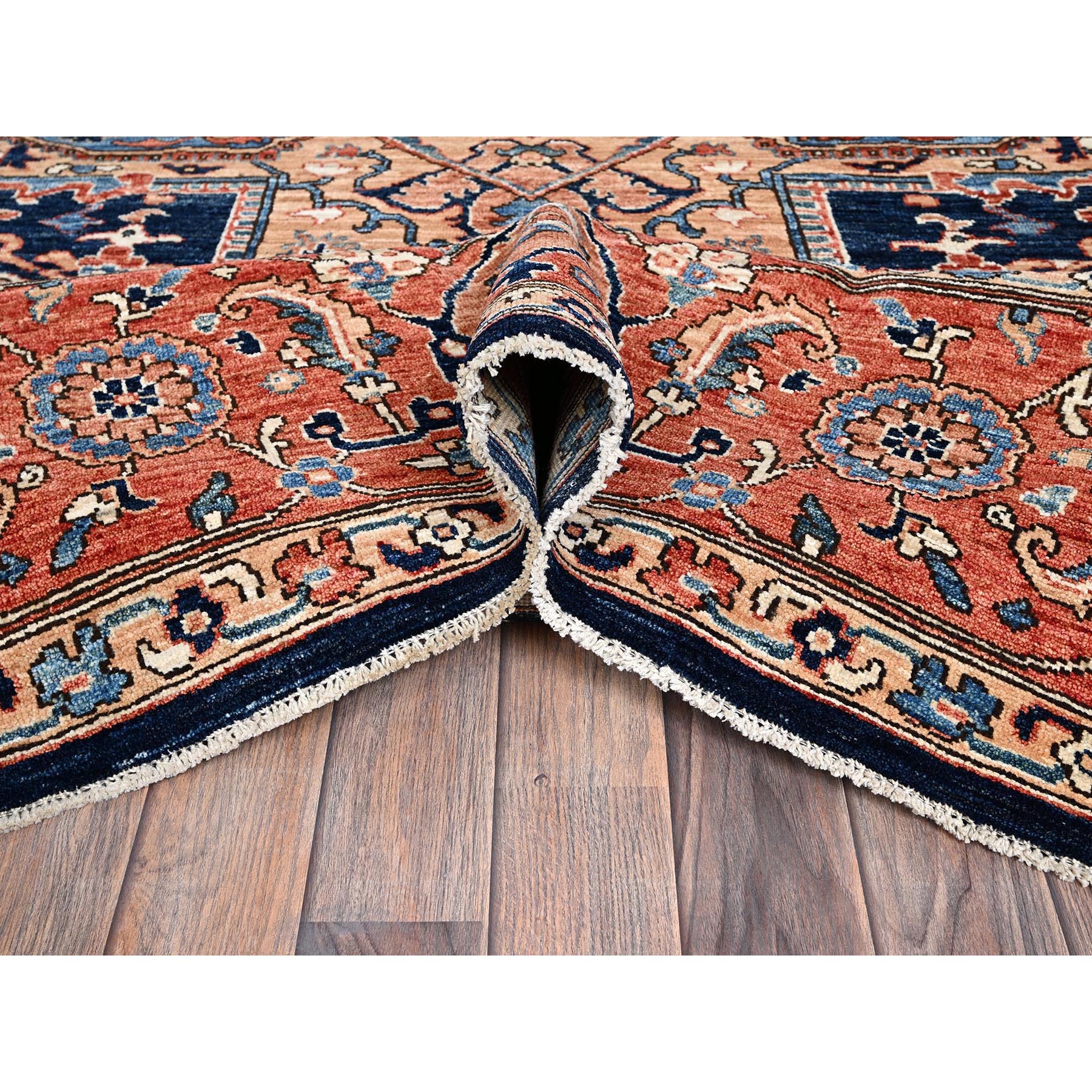 9'x12'1" Yale Blue, Aryana Grade, Serapi Heriz with Large Medallion Design, Vegetable Dyes, Soft Pile, Hand Knotted, High Mountain Wool, Densely Woven, Oriental Rug HR1042 - Image 6