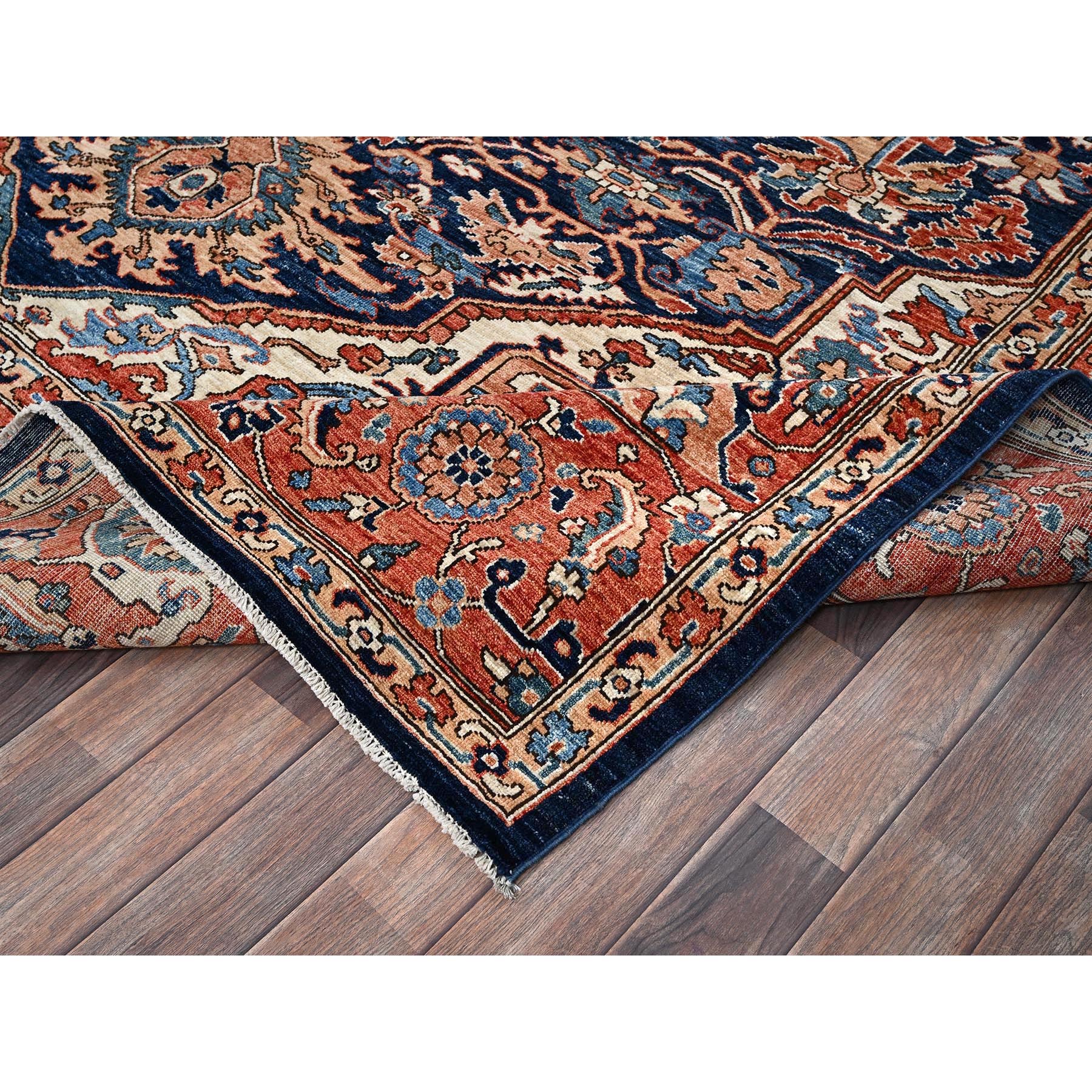 9'x12'1" Yale Blue, Aryana Grade, Serapi Heriz with Large Medallion Design, Vegetable Dyes, Soft Pile, Hand Knotted, High Mountain Wool, Densely Woven, Oriental Rug HR1042 - Image 7
