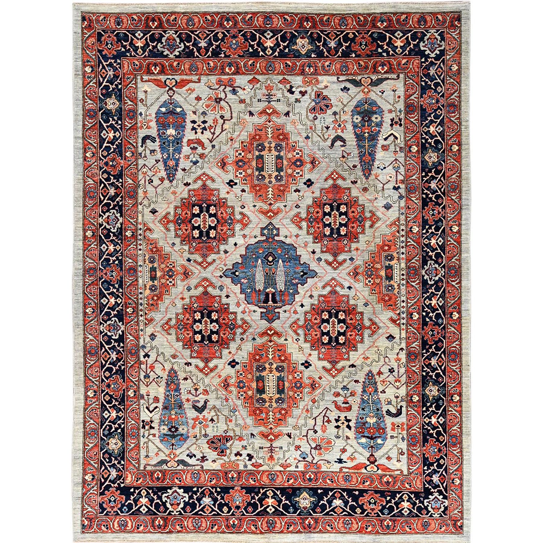 8'10"x11'10" Misty Gray, Qashqai Design with Cypress Trees, Vegetable Dyes, Soft Pile, High Mountain Wool, Hand Knotted, Densely Woven, Oriental Rug HR1043