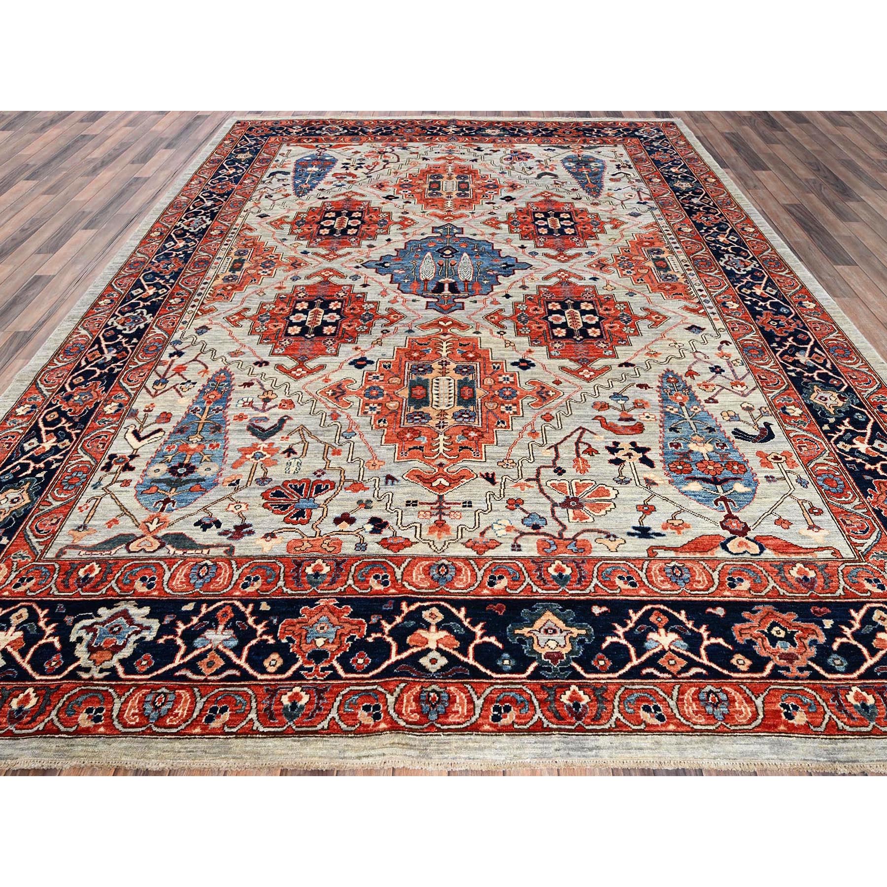 8'10"x11'10" Misty Gray, Qashqai Design with Cypress Trees, Vegetable Dyes, Soft Pile, High Mountain Wool, Hand Knotted, Densely Woven, Oriental Rug HR1043 - Image 3