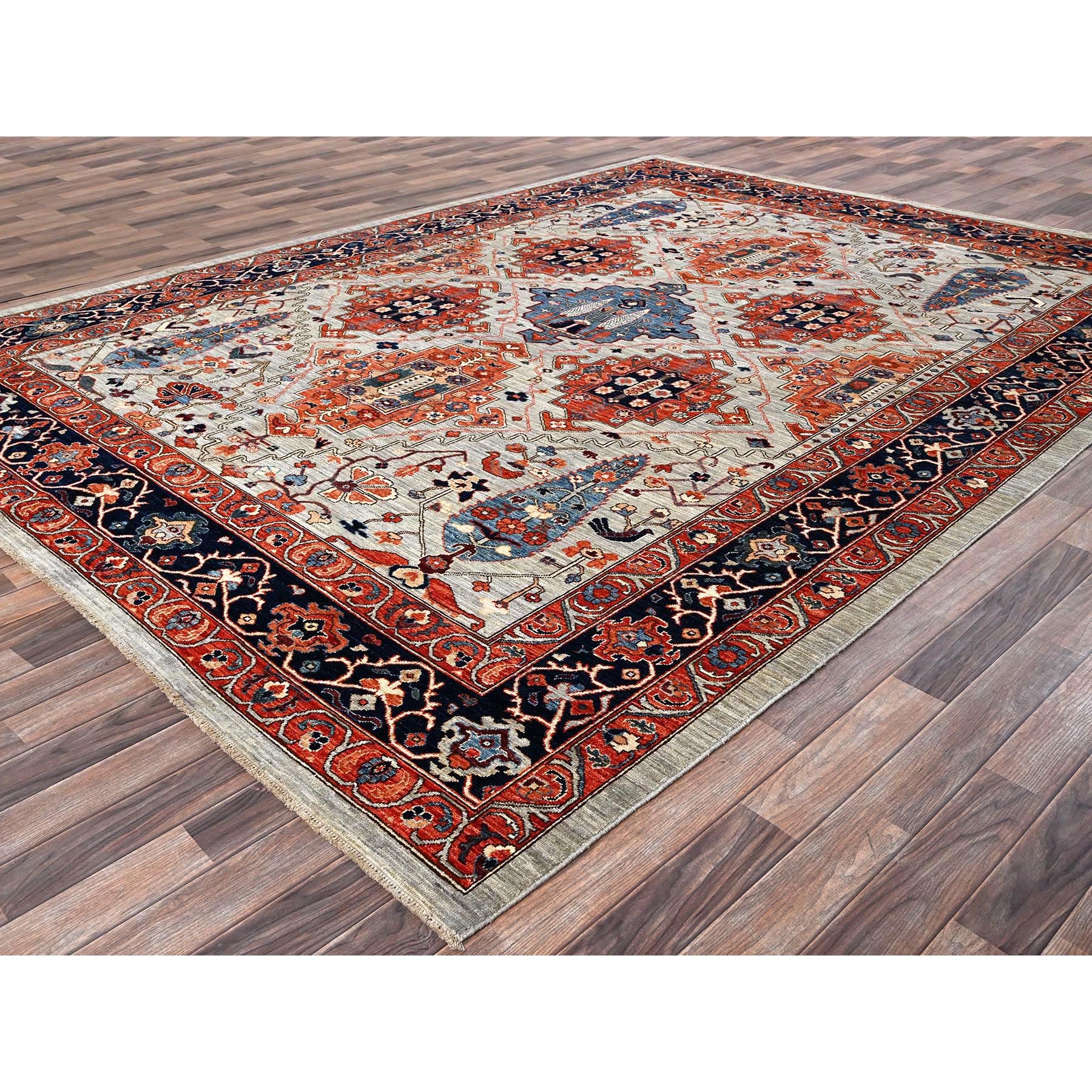 8'10"x11'10" Misty Gray, Qashqai Design with Cypress Trees, Vegetable Dyes, Soft Pile, High Mountain Wool, Hand Knotted, Densely Woven, Oriental Rug HR1043 - Image 4