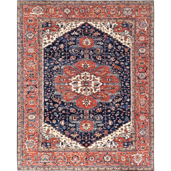 9'2"x12'8" Midnight Blue, Aryana Grade, Serapi Heriz with Flower Medallion Design, Vegetable Dyes, Hand Knotted, High Mountain Wool, Soft Pile, Densely Woven, Oriental Rug HR1047