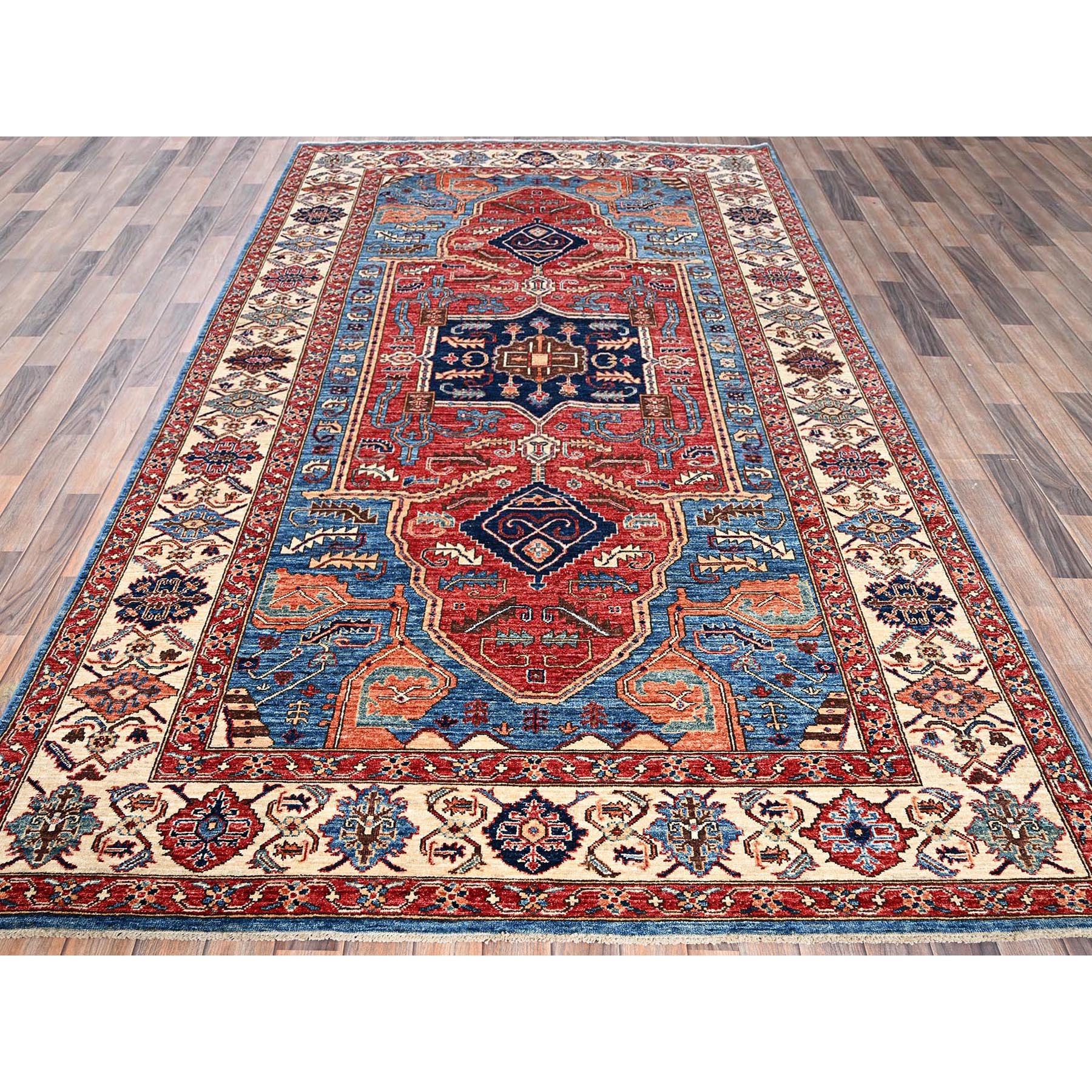 6'1"x11'7" Bayern Blue, Aryana Grade, Serapi Heriz with Geometric Medallion Design, Vegetable Dyes, High Mountain Wool, Hand Knotted, Soft Pile, Densely Woven, Gallery Size, Wide Runner, Oriental Rug HR1058 - Image 3