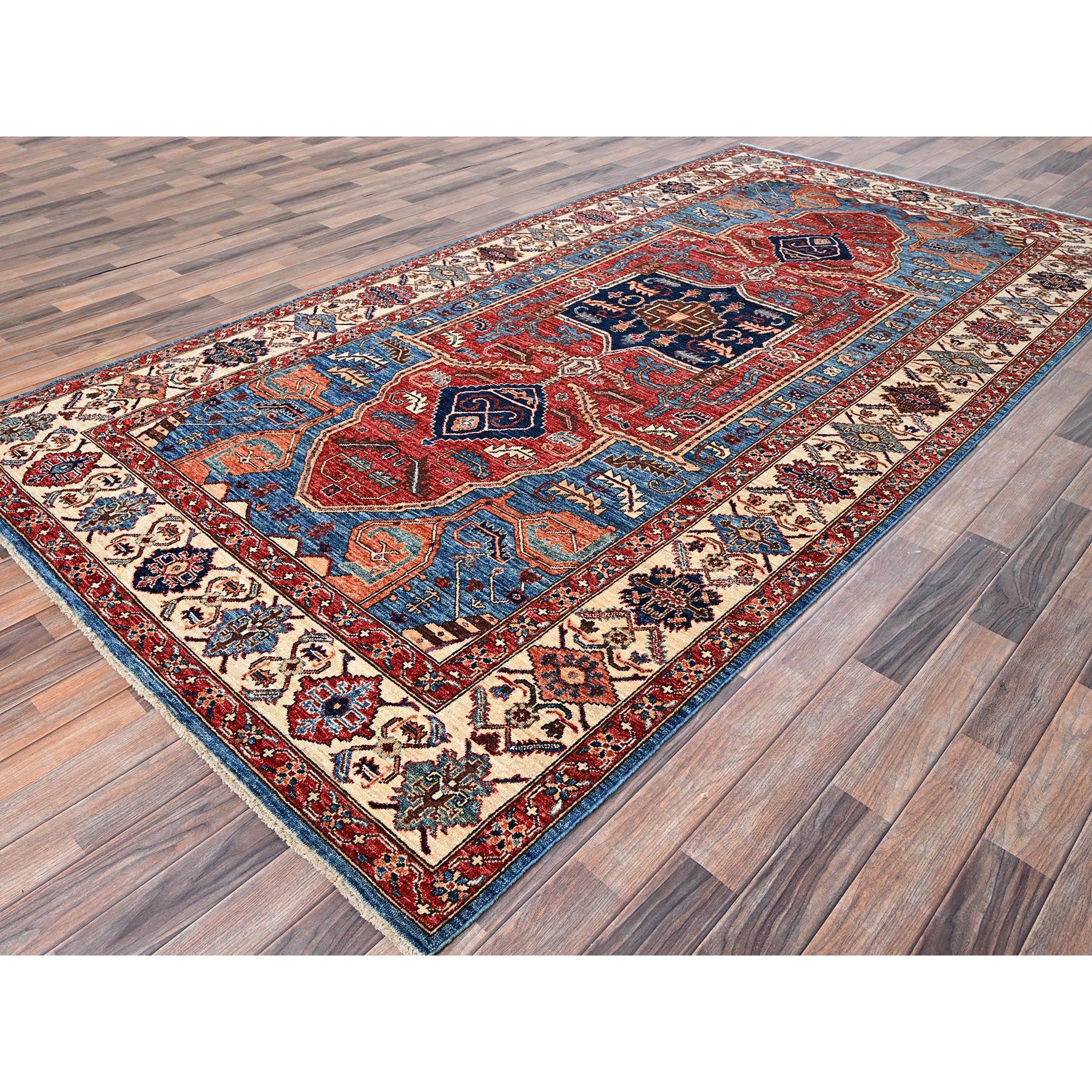 6'1"x11'7" Bayern Blue, Aryana Grade, Serapi Heriz with Geometric Medallion Design, Vegetable Dyes, High Mountain Wool, Hand Knotted, Soft Pile, Densely Woven, Gallery Size, Wide Runner, Oriental Rug HR1058 - Image 4