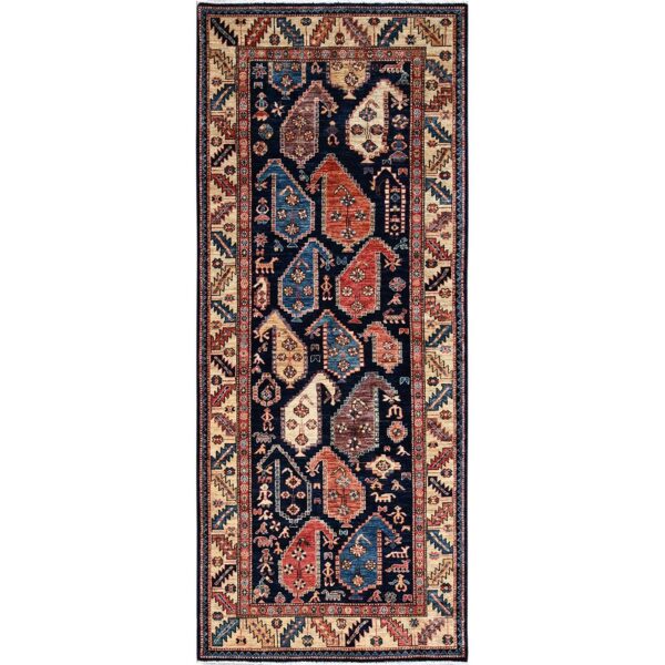 4'x9'9" Midnight Blue, Northwest Persian with Large Paisley Design, Aryana Grade, Vegetable Dyes, Soft Pile, High Mountain Wool, Hand Knotted, Densely Woven, Extra Wide Runner, Oriental Rug HR1065