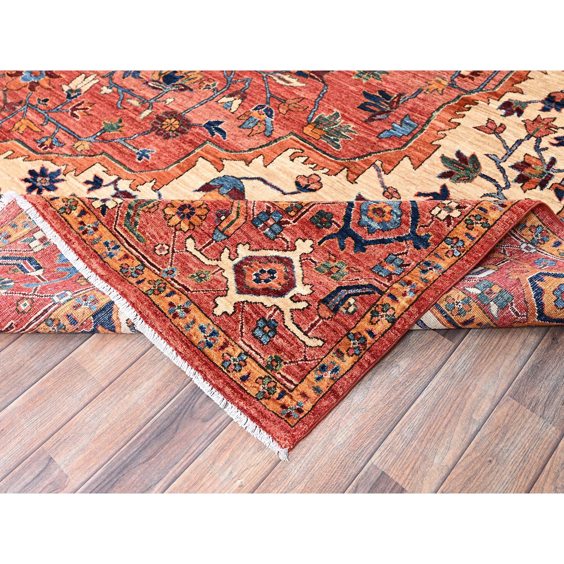 10'2"x13'8" Coral Red, Serapi Heriz with Large Medallion Design, Aryana Collection, Vegetable Dyes, Soft Pile, High Mountain Wool, Hand Knotted, Densely Woven, Oriental Rug HR1094 - Image 7