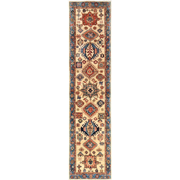 2'9"x11'9" Parchment White, Karajeh with Tribal Medallions Design, Aryana Collection, Vegetable Dyes, High Mountain Wool, Soft Pile, Hand Knotted, Densely Woven, Runner, Oriental Rug HR1109
