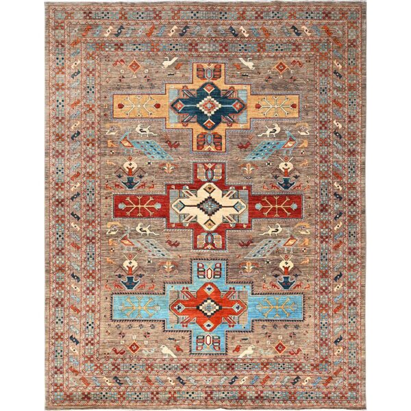 9'1"x11'6" Taupe Gray, Armenian Inspired Caucasian Design, Small Bird Figurines, Velvety Wool, Densely Woven, 200 KPSI, Hand Knotted, Natural Dyes, Oriental Rug HR1143