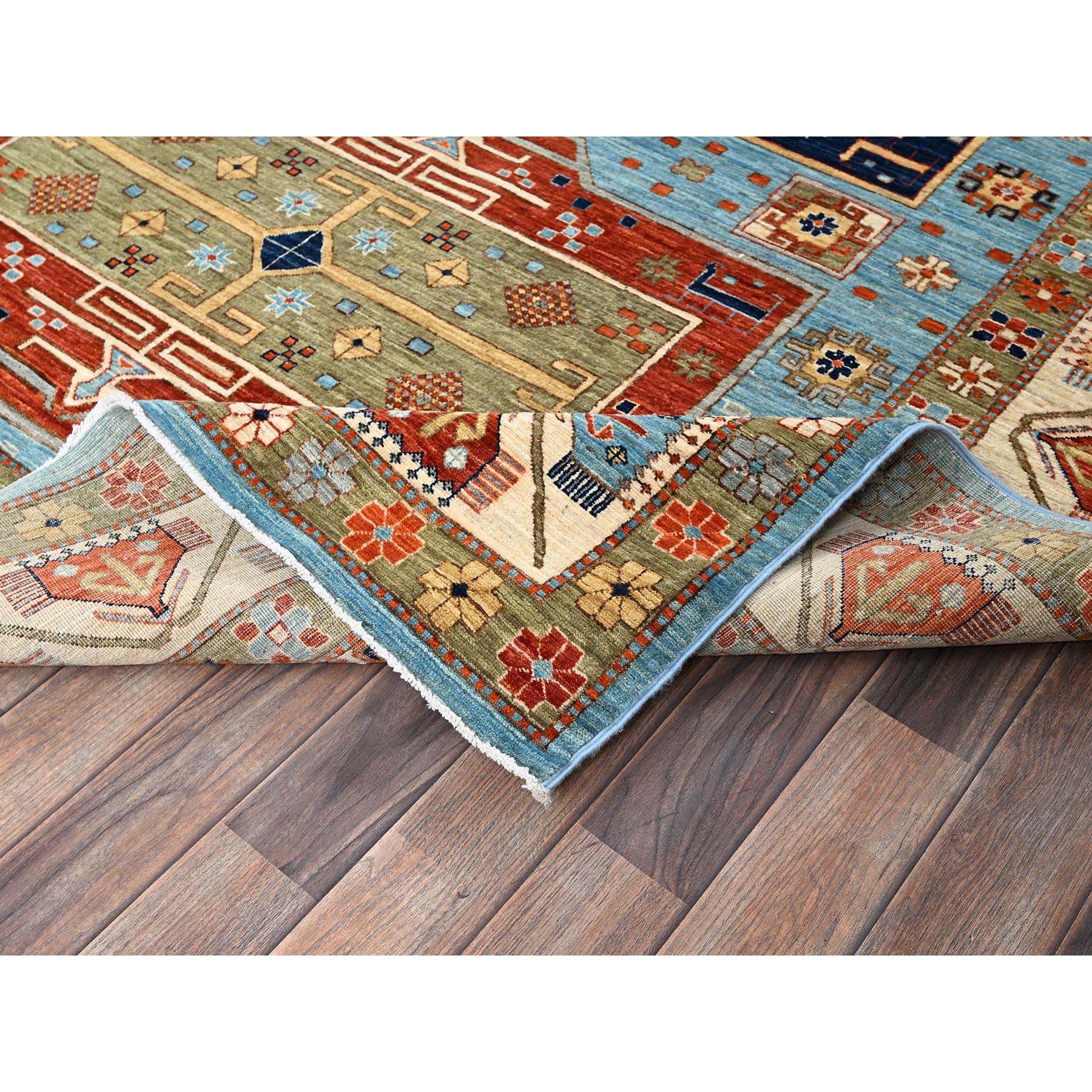 6'x8'6" Maya Blue, Armenian Inspired Caucasian Design, Small Bird Figurines, Super Fine Wool, Densely Woven, 200 KPSI, Hand Knotted, Natural Dyes, Oriental Rug HR1144 - Image 7