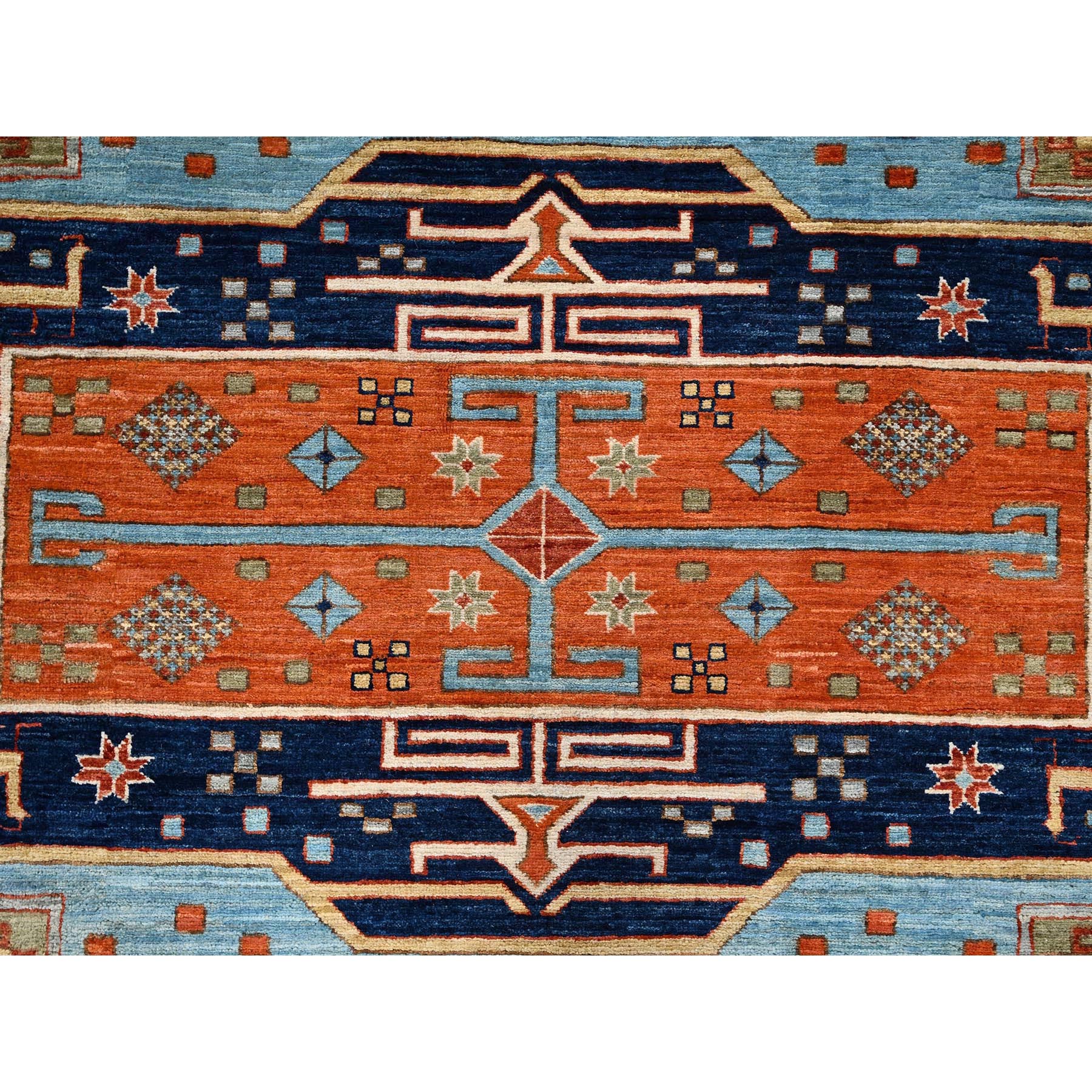 6'x8'6" Maya Blue, Armenian Inspired Caucasian Design, Small Bird Figurines, Super Fine Wool, Densely Woven, 200 KPSI, Hand Knotted, Natural Dyes, Oriental Rug HR1144 - Image 9