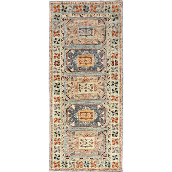 4'x9'5" Light Green, Armenian Inspired Caucasian Design, Super Fine Wool, 200 KPSI, Vegetable Dyes, Hand Knotted, Wide Runner, Oriental Rug HR1145