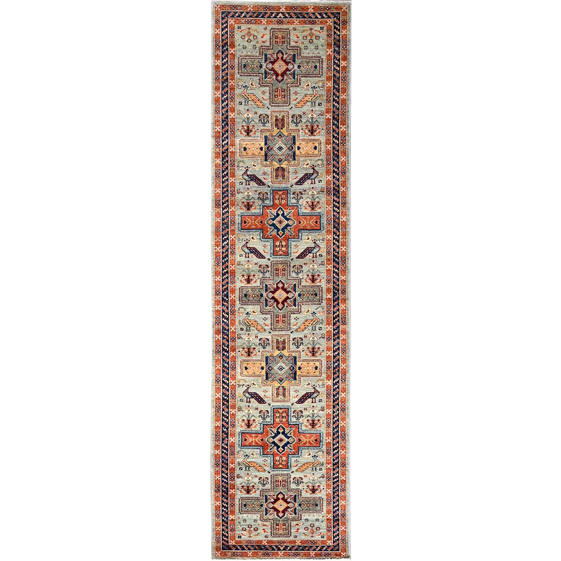 2'8"x11'3" Cloud Gray, Armenian Inspired Caucasian Design with Bird Figurines, 200 KPSI, Super Fine Wool, Hand Knotted, Vegetable Dyes, Denser Weave, Runner, Oriental Rug HR1147